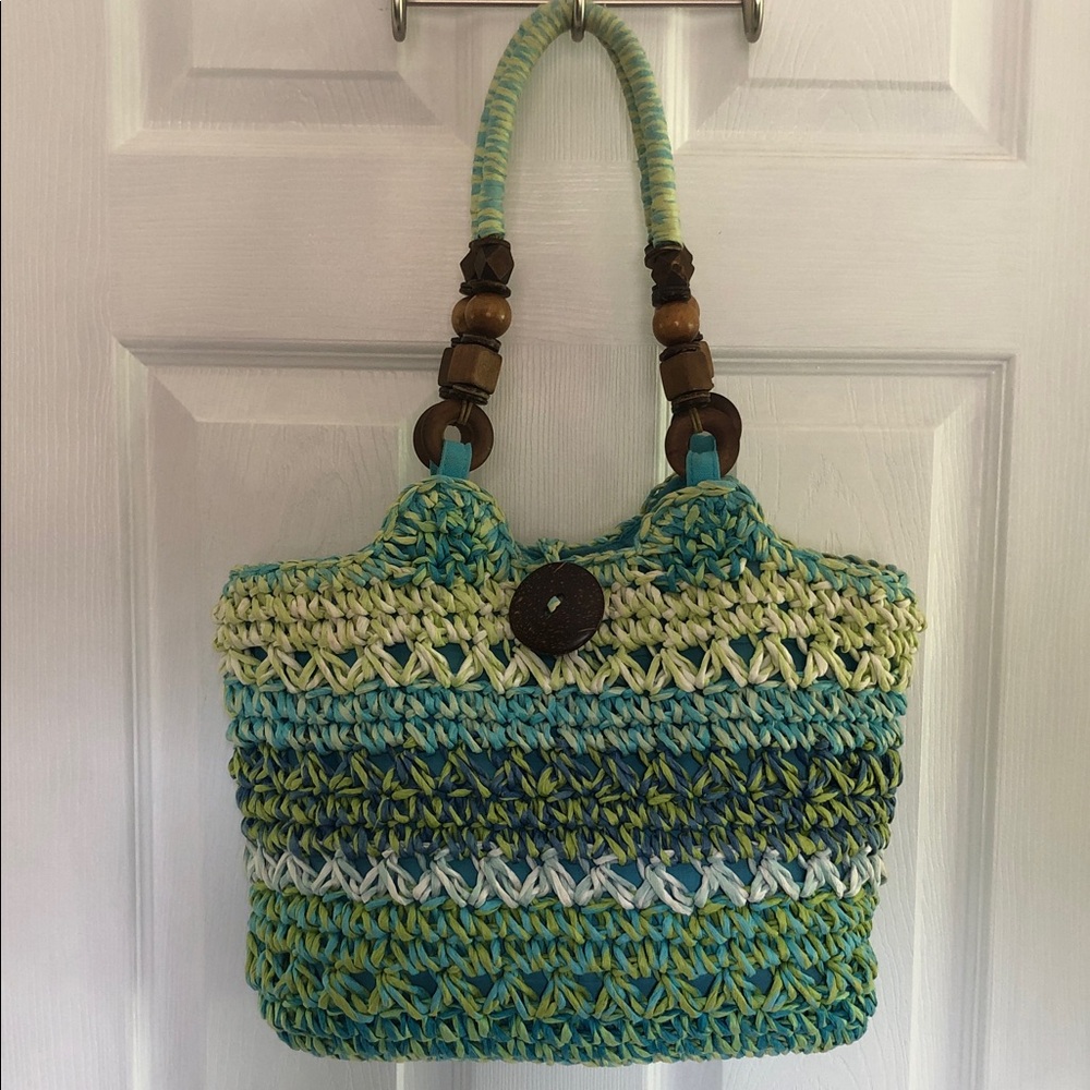Cappelli Straworld Crochet Beachy Blue Green Tote, Beaded handle